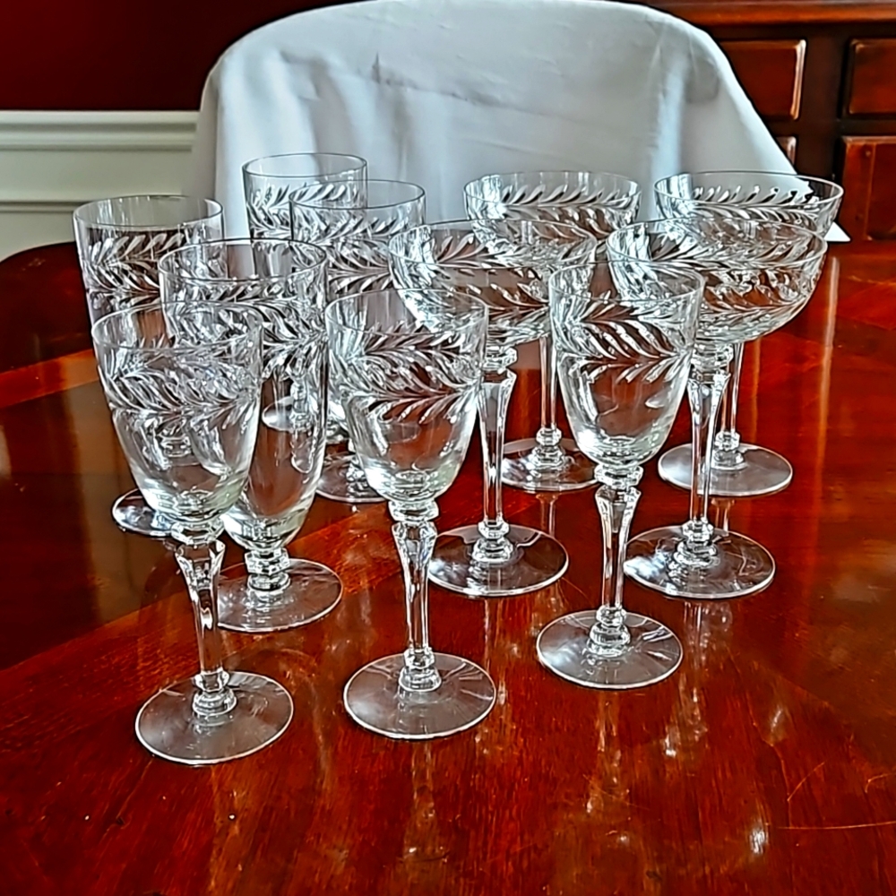 1940's crystal champagne, water and port/wine glasses